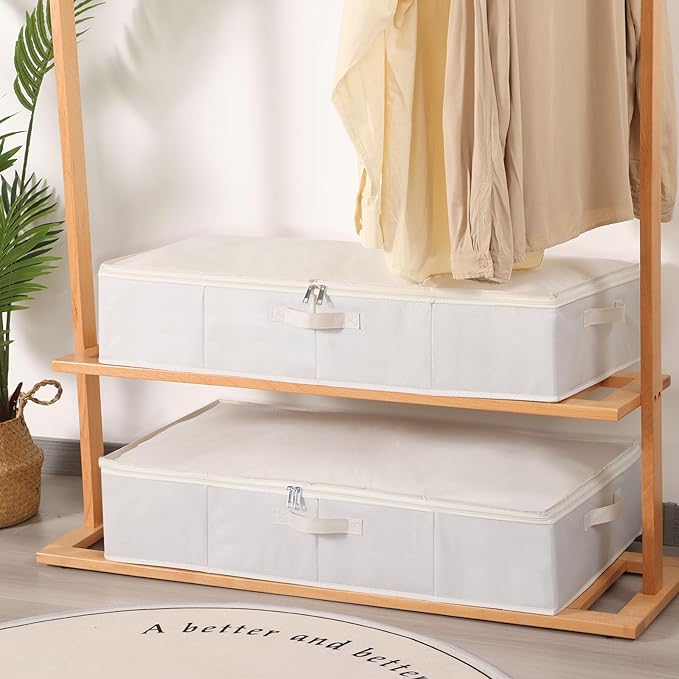 Underbed Storage Box, Clothes Organizer With Sturdy Structure and Reinforced Handles for Blanket, Sheets, Pillows, Towels, Shoes, Beige, 3 Pack, 31.5 x 15.7 x 5.9 Inch