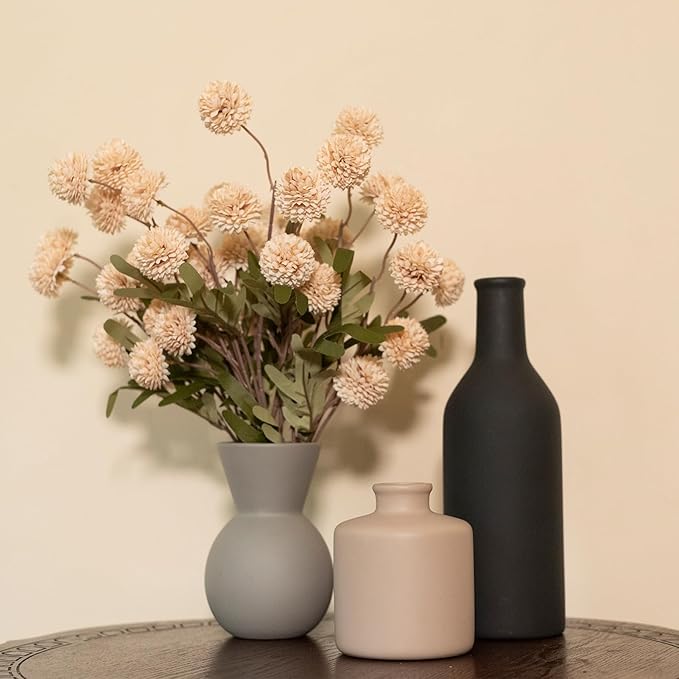 Fake Flowers in Vase for Centerpieces, Faux Flowers in Modern Ceramic Vase Set of 3 with 8 Artificial Autumn Chrysanthemums Home Decor
