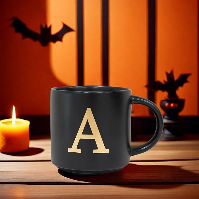 COLLECTIVE HOME - Monogram Ceramic Mugs, 15 oz Golden Initial Black Coffee Cups, Elegant Alphabet Tea Mugs, Elegant Personalized Mug with Gift Box, Unique Mug with Double Side Capital Lette (A-1)
