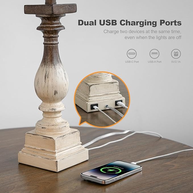 BOBOMOMO 27" Farmhouse Table Lamps with USB-A +C Ports, Vintage Rustic Side Table Lamps Set of 2, Linen Shade, Retro Bedside Night Stand Lamps for Living Room, Bedroom, Office, Home Decor