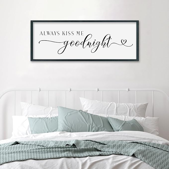 SRSZHIYUE Always Kiss Me Goodnight Sign Wall Decor Art for Master Bedroom Above Bed 40"×15" Large Wood Framed Wall Hanging (Black)