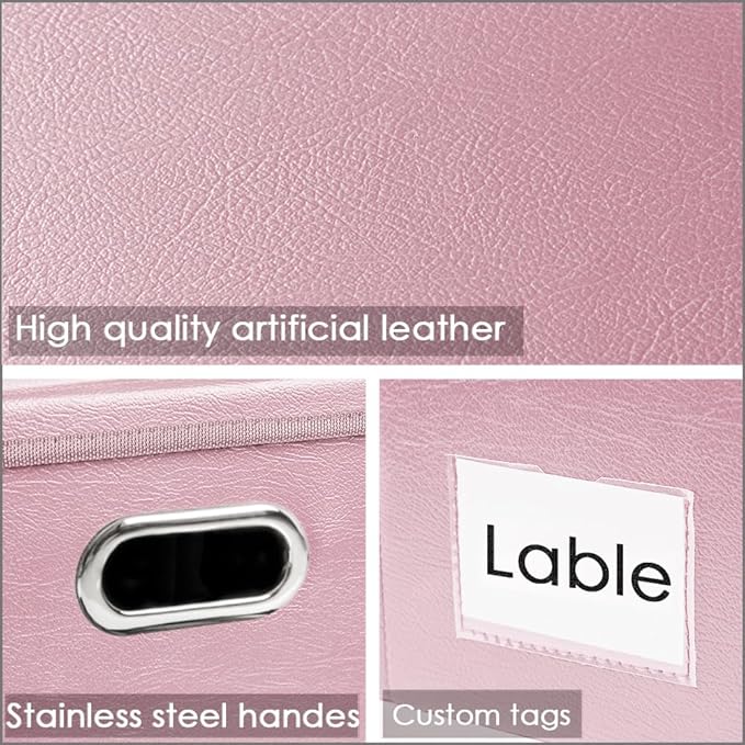 PRANDOM Collapsible Storage Box with Lid [3-Pack] Leather Fabric Foldable Storage Bin Organizer Container Basket Cube with Cover for Home Bedroom Closet Office Nursery Pink(13.6x9.6x6.9)