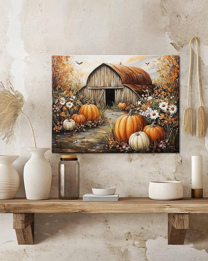 Autumn Pumpkin Barn Framed Wall Art Decor, Moody Fall Decor Rustic Country Landscape Picture Print for Farmhouse Decor,Thanksgiving Decorations Country Canvas Wall Art, Ready to Hang