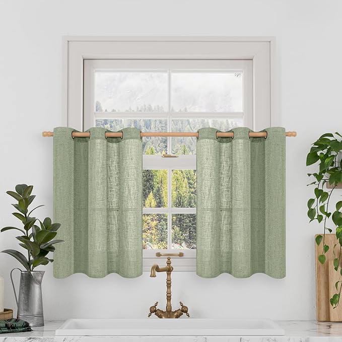 LAMIT Short Linen Window Curtains 30 inches Long 2 Panels, Sage Green Semi Sheer Light Filtering Panels Bronze Grommet Linen Textured Neutral Boho Christmas Drapes for Kitchen/Cafe, 34 x 30 Inch