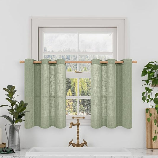 LAMIT Short Linen Window Curtains 30 inches Long 2 Panels, Sage Green Semi Sheer Light Filtering Panels Bronze Grommet Linen Textured Neutral Boho Christmas Drapes for Kitchen/Cafe, 34 x 30 Inch