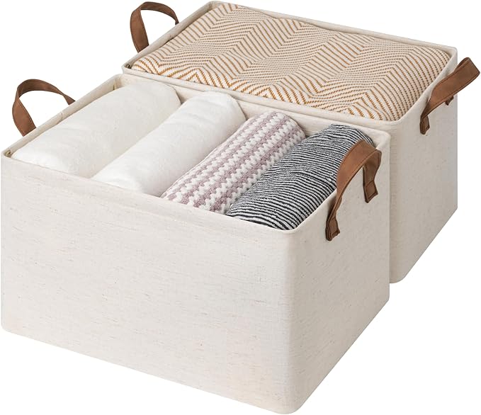 StorageWorks Storage Bins, Shelves Baskets for Organizing, Large Fabric Closet Organizers with Handles, Metal Frame, Beige（Cotton-linen）, 2-Pack