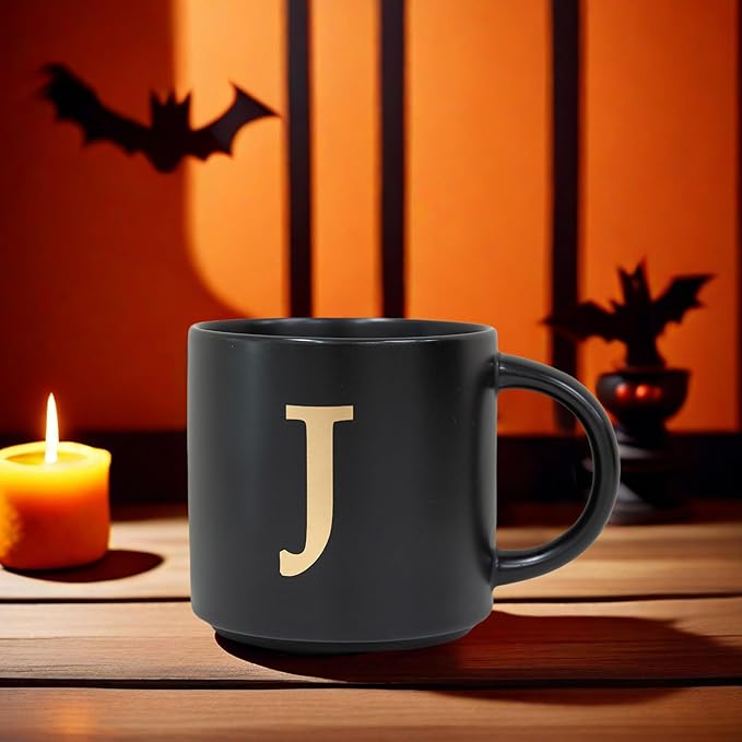 COLLECTIVE HOME - Monogram Ceramic Mugs, 15 oz Golden Initial Black Coffee Cups, Elegant Alphabet Tea Mugs, Elegant Personalized Mug with Gift Box, Unique Mug with Double Side Capital Lette (J)