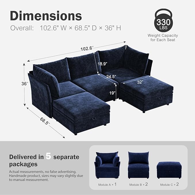 102.6" U Shaped Modular Sectional Sofa, 5 Seater Couch with Storage Ottoman Deep Seat and High Backrest with Removable Cover for Living Room, Apartment - Chenille Blue
