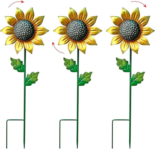 WAIU Metal Sunflower Flower Garden Stakes, Wind Catcher Spinner Garden Stakes, Garden Windmill Stakes Outdoor Wind Catchers, Yard Decor Stakes, Set of 3