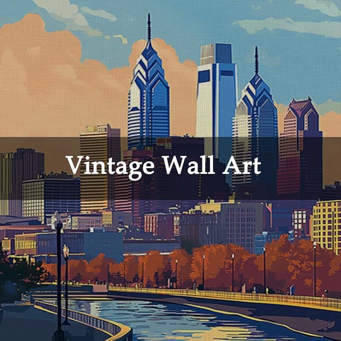 WREVERW Vintage Philadelphia Poster Canvas Print with Wooden Hanger Frame, Featuring Skyline and Schuylkill River, Wall Art for Home and Office Decor, 16x23 inches