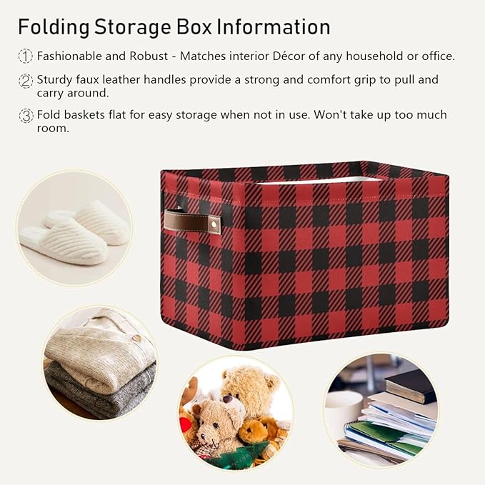 Red and Black Buffalo Plaid Storage Basket Cube Storage Bins Organizer Bag Collapsible Closet Shelf Baskets with handle for Baby Cloth Pet Toy Book 14.2×10.2×8.3 IN