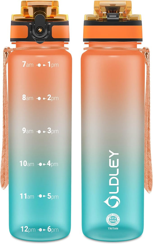 OLDLEY 32 oz Water Bottle, Motivational Water Bottle with Time Marker, Sports Water Bottle With Strap, Leakproof & BPA Free Large Water Bottles for School, Gym, Travel, Outdoor, Tritan,Orange&Green