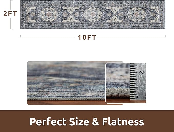 AMOAMI-2X10 Runner Rug-Washable Runners for Hallways-Soft Non Slip Bedside Rugs for Bedroom-Vintage Long Rug for Hallways Entryway Laundry Room Stair Kitchen Bathroom Blue