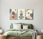 3 Pcs Mid Century Modern Boho Abstract Canvas Wall Art Neutral Green Bohemia Sun and Plant Pictures Wall Decor Posters Print Artwork for Living Room Bedroom Bathroom Office Home Decoration