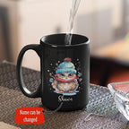 Winter Owl Design Coffee Mug - Custom Christmas Animal Black Cup, Personalized Name Themed 11oz 15oz Ceramic Cup for Owl Lovers, Xmas Decorative Gift