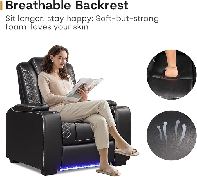 ANJ Power Recliner Home Theater Seating, Electric Recliner Chair with Adjustable Headrest,PU Leather Dual Motor Movie Reclining Chairs with Cup Holders LED Lights,USB Port,Hidden Arm Storage (Black)