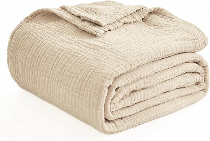EMME Cotton Muslin Blanket Twin XL - 66"x90" Lightweight Breathable Layering Blanket Bedspread Coverlet All Season Gauze, Light Tan
