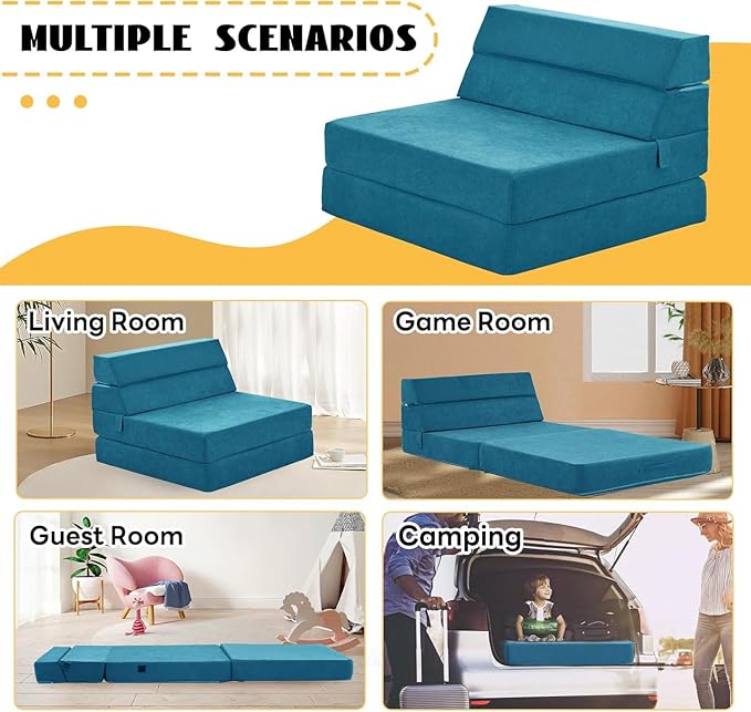 jela Foldable Sofa Bed, Convertible Sleeper Lounge Chair Floor Mattress Floor Couch with Backrest, Fold Out Futon with Washable Miss Fabric Cover for Guest Room, Living Room (83"x33",Teal)