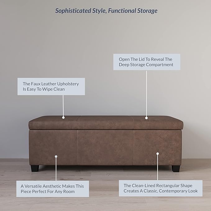 BELLEZE 47 Inch Storage Ottoman, Faux Leather Storage Bench Bedroom Bench with Safety Close Hinge, Ottoman with Storage for Living Room, Entryway, Hallway, Foot Rest, Support 300lbs - Rustic Brown