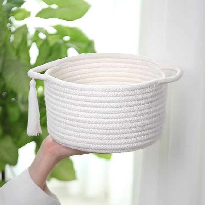 Small Gift Basket Empty to Fill – SweetMemo Cute Woven Organizer Baskets with cellophane wrap for Kids, Baby Shower, Office, Bathroom, Bedside – Little Decor Cotton Rope Bin with Handles - White