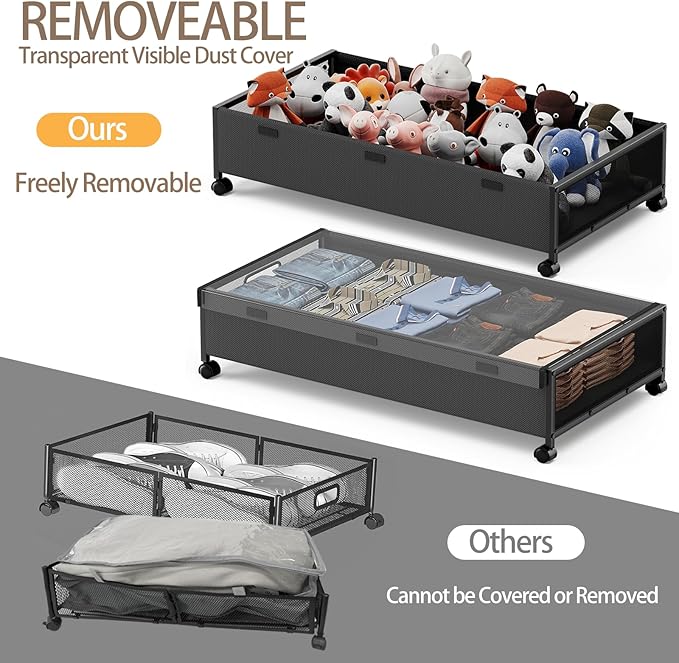 Under Bed Storage Containers with Wheels, Underbed Shoe Storage Organizer with Removable Lids, Large Rolling Under Bed Storage Dresser Drawers for Clothes Toys Shoes Blankets