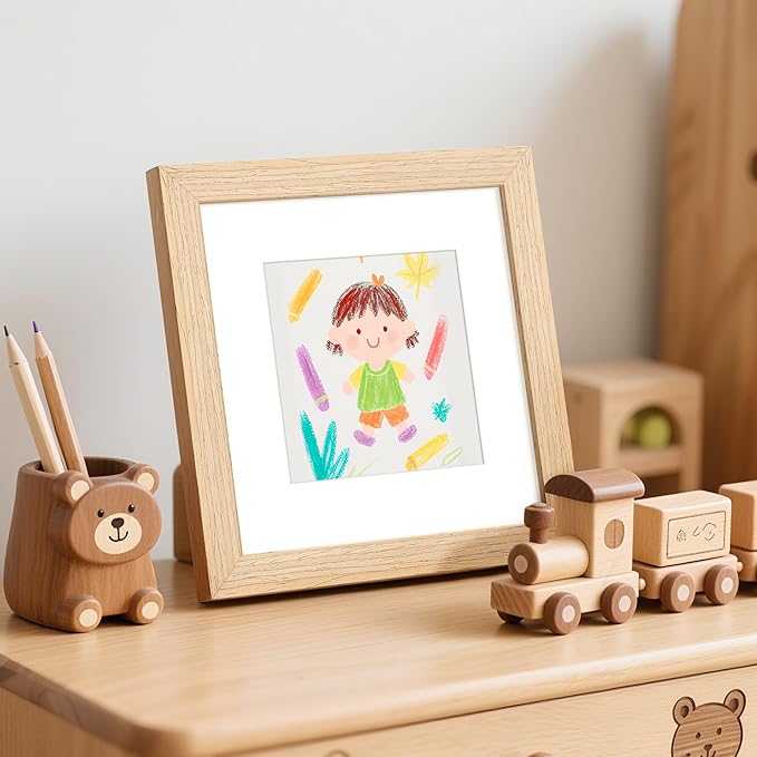 upsimples 6x6 Picture Frame, Natural Solid Wooden Picture Frames, Display 4x4 with Mat or 6 x 6 Without Mat, Wall or Tabletop, 1 Pack, Natural