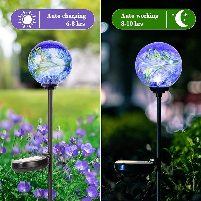 Solar Lights Outdoor Decorative Solar Outdoor Decorative Glass Ball Stakes Waterproof Garden Stake Glass LED Garden Globe Lights for Pathway Yard Lawn Decoration Blue