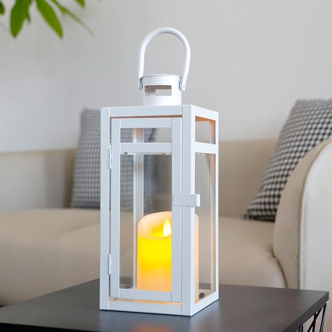 TRIROCKS Stainless Steel Decorative Lantern 12'' High Metal Candle Holder with Clear Glass Panels Perfect for Home Decor Living Room Parties Events Tabletop Indoor Outdoor (White)