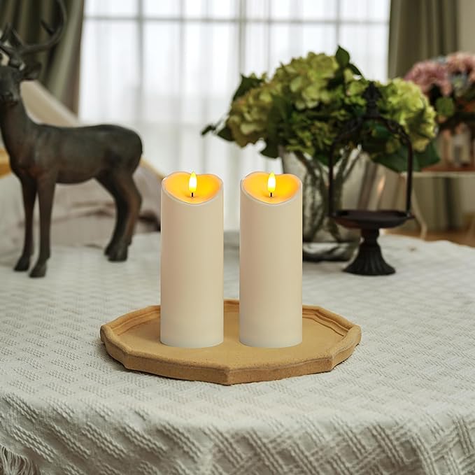 Homemory Outdoor Waterproof LED Candles, Battery Operated with Remote and Timers, Electric Fake Plastic Pillar Candles, Ivory White, Set of 2