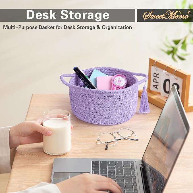 Small Purple Basket, Cute Woven Gift baskets with Cellophane Wrap set for Girl, Decorative Cotton Rope Container Bin, Little Makeup Brushes Holder for Bathroom Counter, Vanity, Cosmetics – lavender