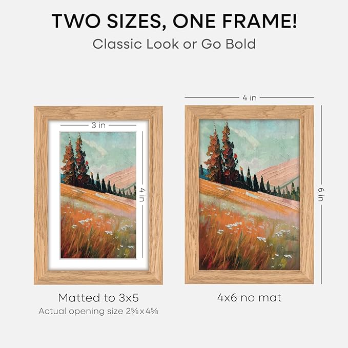Homeforia 4x6 Picture Frame Wood, High End Natural Oak 4x6 Light Wooden Frames with Mat 3x5 for Photo, 4 x 6 Frame Matted to 3 x 5 Print, 6x4 Wall or Tabletop Frame, Tempered Glass, Wall Kit, Set of 1