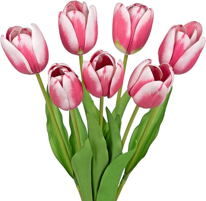 Artificial Tulips Flowers – 24" Long Stem Faux Tulips, 7PCS Real Touch Fake Red Tulip for Vase, Farmhouse, Kitchen, Spring & Wedding Home Decor