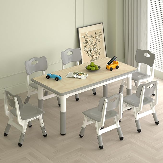 Kids Study Table and 6 Chairs Set,Height Adjustable Table and Chairs for Children and Toddlers,47.2"X23.6"Graffiti Desktop,Suitable for Daycare,Classrooms, Home