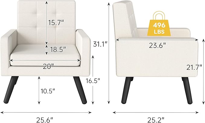 Kromax Mid-Century Modern Accent Chair for Living Room, 496 Lb. Weight Capacity, Dual Armrests, Comfy Extra Large Seat, Timeless Style Perfect for Reading & Relaxing, Beige