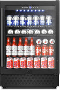 Tylza Beverage Refrigerator 24 Inch, Under Counter/Freestanding Drink Fridge, 190 Cans Beverage Cooler with Glass Door, Reversible Door, Low Noise, Quick Cooling - for Beer, Soda, ETC, Black