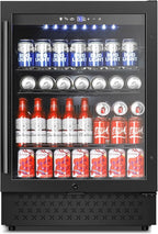 Tylza Beverage Refrigerator 24 Inch, Under Counter/Freestanding Drink Fridge, 190 Cans Beverage Cooler with Glass Door, Reversible Door, Low Noise, Quick Cooling - for Beer, Soda, ETC, Black