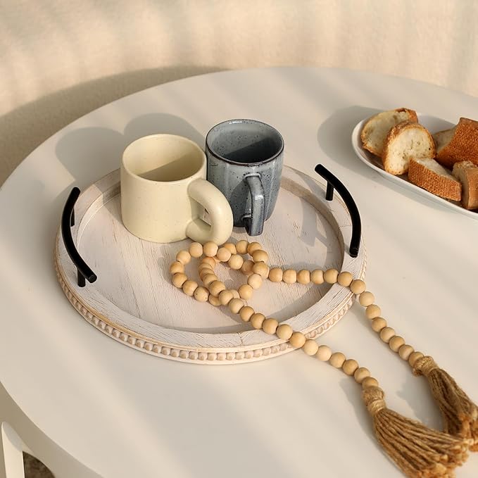 SwallowLiving White Wooden Beaded Serving Tray with Handle Decorative Rustic Whitewashed Tray for Coffee Table Farmhouse Round Tray for Kitchen, Living Room and Bedroom