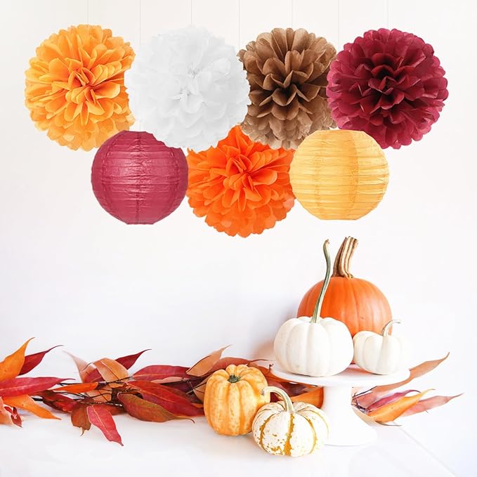 Brown Burgundy-Orange Party-Decorations Paper-Flowers Lanterns - 15PCS Fall Boho Tissue Pom Poms Streamers,Baby Bridal Shower Rustic Wedding Neutral Birthday Coffee Halloween ThanksgivingDecor Hugfond