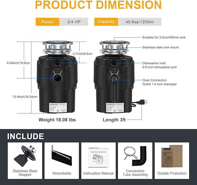 Garbage Disposal 3/4 HP Ultra Quiet powerful grinding Kitchen Food Waste Disposer with Power Cord Easy install, AC Motor Unit Continuous Feed Stainless Steel Grind 0.75 Horsepower (MAX-5)