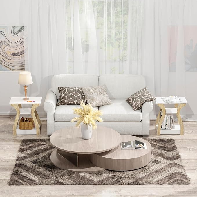 End Table Set of 2 with Charging Station, Side Table with USB Ports and Outlets, Nightstand, 3 Tier End Table with Storage Shelf for Living Room, Bedroom (White Set of 2)