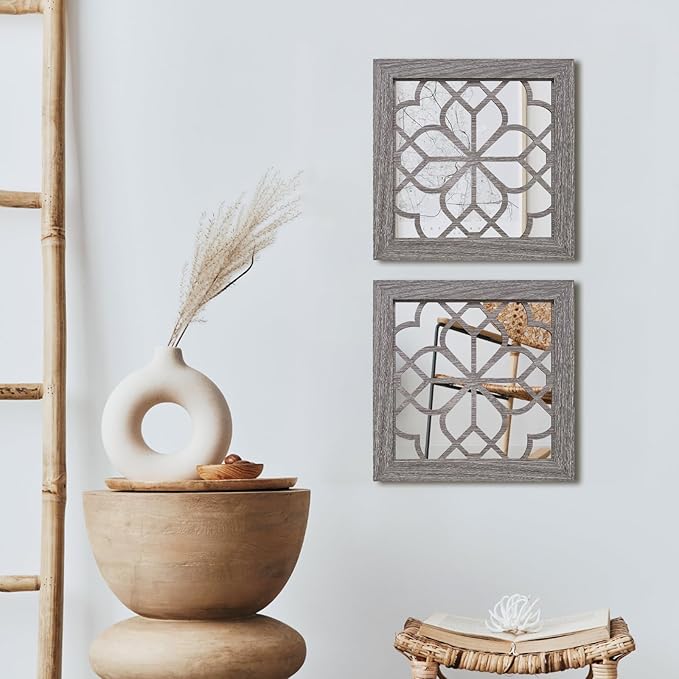 Boho Square Wall Mirrors Set of 2-12" x12'Decorative Mirrors for Wall Decor, BrownHandcrafted Mirror Panels Perfect for LivingRoom Bedroom Entryway Hallway (Brown)