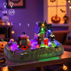 Halloween Village Witch Cauldron Bubble Figurine with Lit House Spooky Town Indoor Decoration Accessories for Holiday Display, Battery Operated