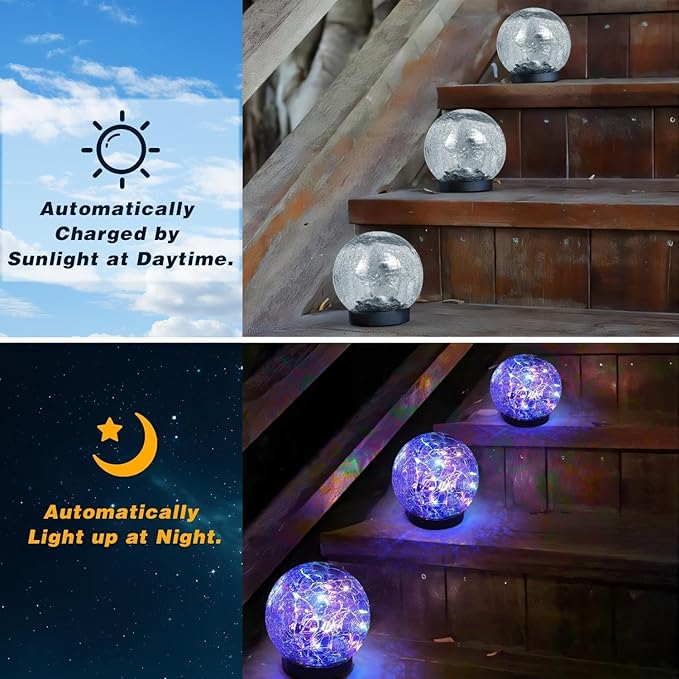 Solar Garden Lights Outdoor Waterproof, 6 Pack Cracked Glass Ball Light, Ground Landscape Garden Decor, Solar Globe Decorative for Pathway/Patio/Lawn/Yard (Multicolor, 3.9")