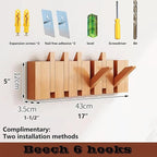 Wall Mounted Piano Key Hanger | Flip Style Hook | Entrance Wall Art Hook, Made of Oak Wood (3 Times Painted, 4 Times Polished) (Beech, 6Hooks)