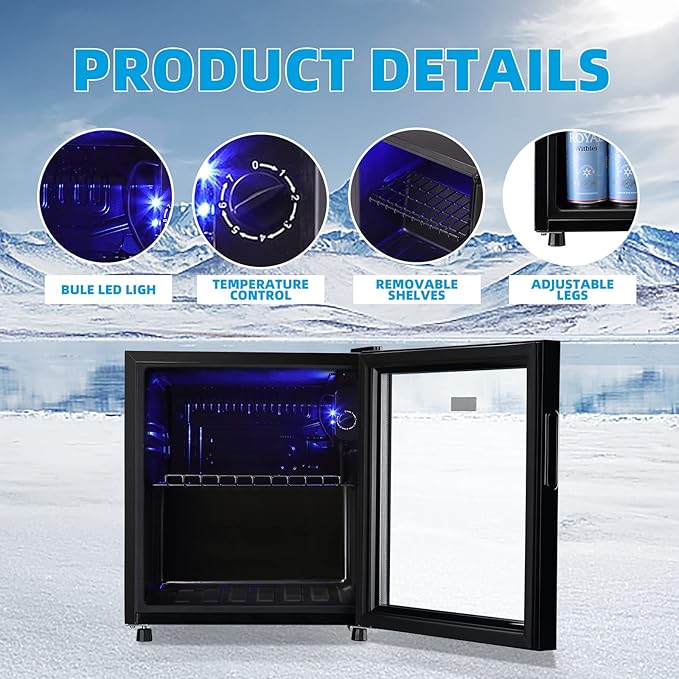 WANAI Mini Fridge Cooler 60Cans Beverage Refrigerator Glass Door Beverage Cooler for Beers Wine Juicer Adjustable Shelves LED Lights for Home, Office or Bar