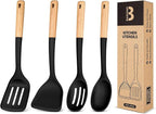Silicone Cooking Utensils Set, Perfectly Angled for Frying, Mixing,Serving,Draining,Turning and Stirring, BPA-Free Matte Silicone, Wood Handles, Safe for Nonstick Cooking Surfaces,4 Pack (Black)