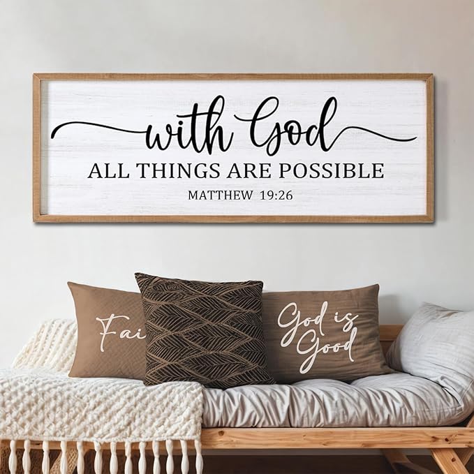 With God All Things are Possible Framed Wall Art, 40''×15'' Natural Religious Rustic Bible Verse for Christian God Jesus Christ Prayer, Holy Positive Horizontal Inspirational Catholic Scripture Decor