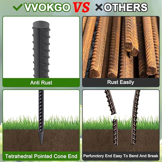 VVOKGO Rebar Stakes 16 Inches Ground Concrete Form Stakes (54pcs), Straight Metal Spikes Heavy Duty with Chisel Point End, 5/16" Diameter Steel Anchors for Fence, Concrete Timber, Garden Plants, Black