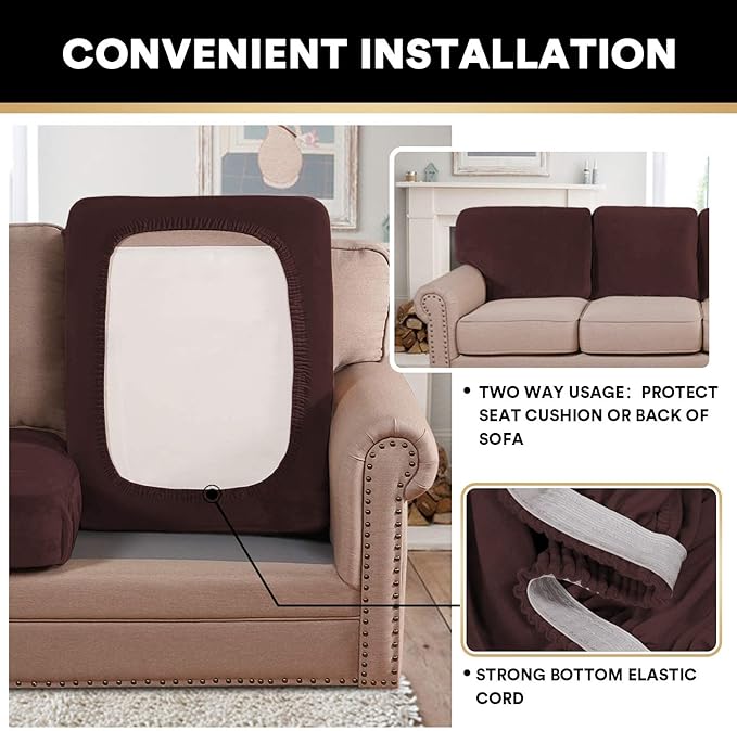 PrinceDeco Velvet Couch Cushion Cover Soft Stretch Cushion Slipcover for Chair Loveseat Sofa Cushion Furniture Protector Seat Cushion Sofa Cover (2 Piece Large Sofa Cushion Covers, Brown)