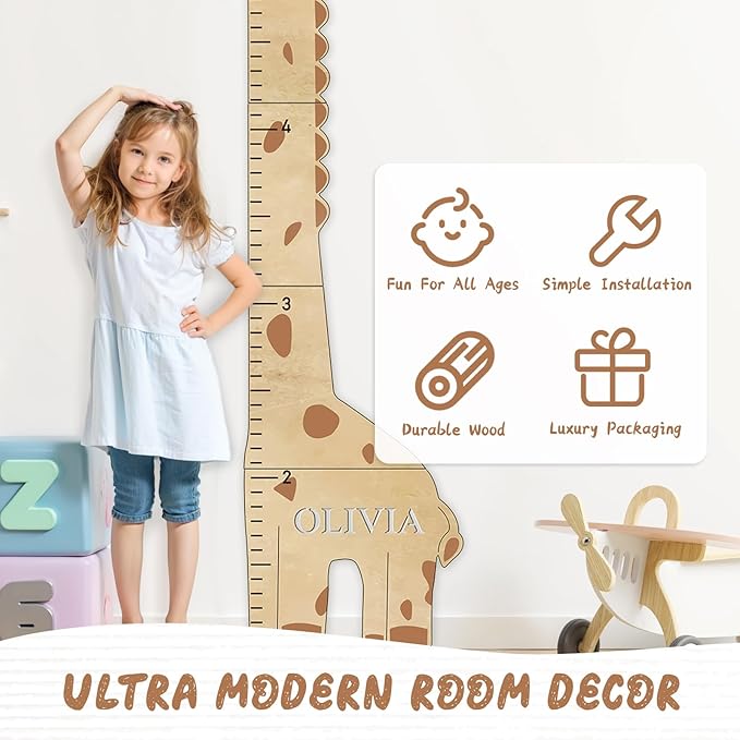 Personalized Name Kids Growth Chart for Wall, Cute Giraffe Wooden Growth Chart Kids Height Chart, Wall Measurement for Kids, Height Chart for Wall, Growth Ruler for Children